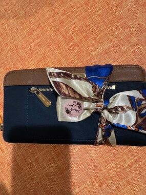 Michael Kors Navy and Brown Zip-Around Wallet with Silk Scarf Accent